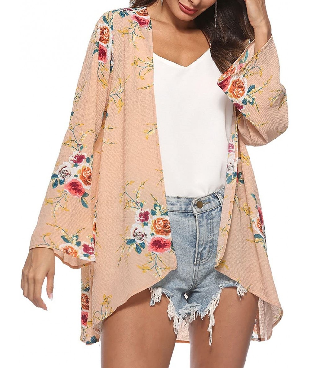 Cover-Ups Womens Flowy Chiffon Long Sleeve Kimono Casual Floral Cardigans Loose Cover Ups - Khaki - CA18EX8TCIE $35.12