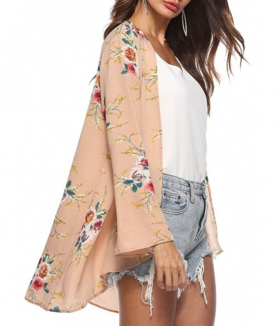 Cover-Ups Womens Flowy Chiffon Long Sleeve Kimono Casual Floral Cardigans Loose Cover Ups - Khaki - CA18EX8TCIE $35.12