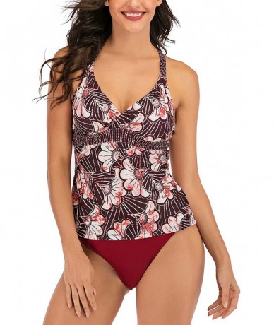 Sets Women Fashion Tankini Bikini Summer Beach Two Pieces Swimsuit Cover Up Red Floral Back Cross Top Wine Red Bottom - CX193...