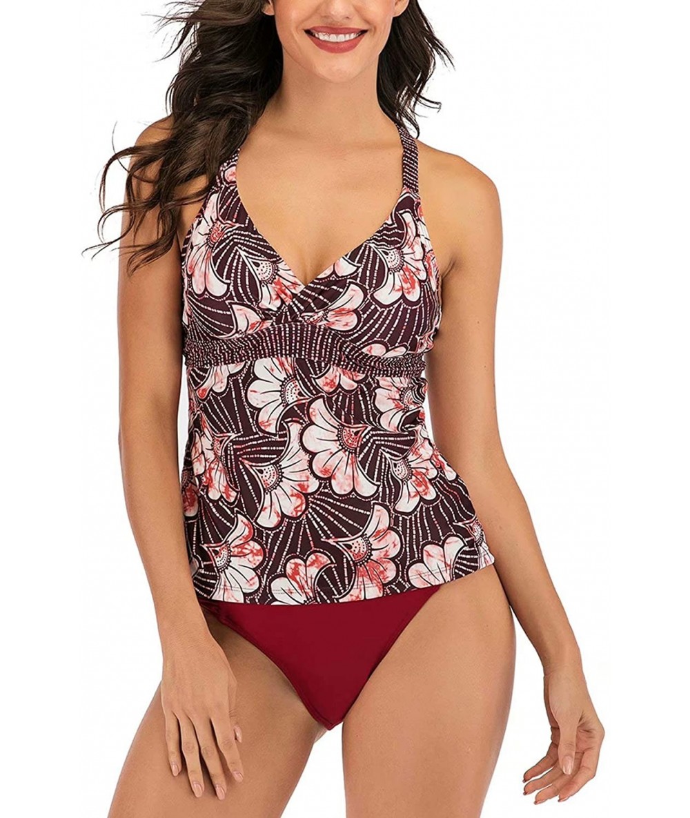 Sets Women Fashion Tankini Bikini Summer Beach Two Pieces Swimsuit Cover Up Red Floral Back Cross Top Wine Red Bottom - CX193...