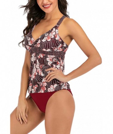 Sets Women Fashion Tankini Bikini Summer Beach Two Pieces Swimsuit Cover Up Red Floral Back Cross Top Wine Red Bottom - CX193...