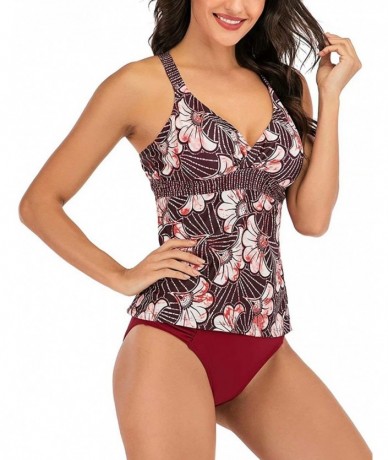 Sets Women Fashion Tankini Bikini Summer Beach Two Pieces Swimsuit Cover Up Red Floral Back Cross Top Wine Red Bottom - CX193...