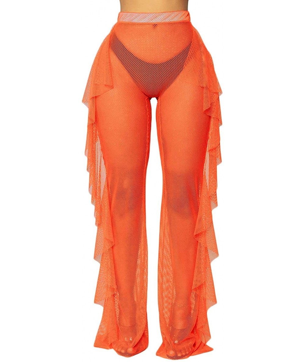 Cover-Ups Women's Perspective Sheer Mesh Ruffle Pants Swimsuit Bikini Bottom Cover up - A Orange/Net - C9194ESW2GM $26.54