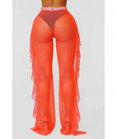 Cover-Ups Women's Perspective Sheer Mesh Ruffle Pants Swimsuit Bikini Bottom Cover up - A Orange/Net - C9194ESW2GM $26.54