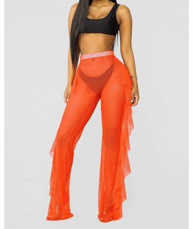 Cover-Ups Women's Perspective Sheer Mesh Ruffle Pants Swimsuit Bikini Bottom Cover up - A Orange/Net - C9194ESW2GM $26.54