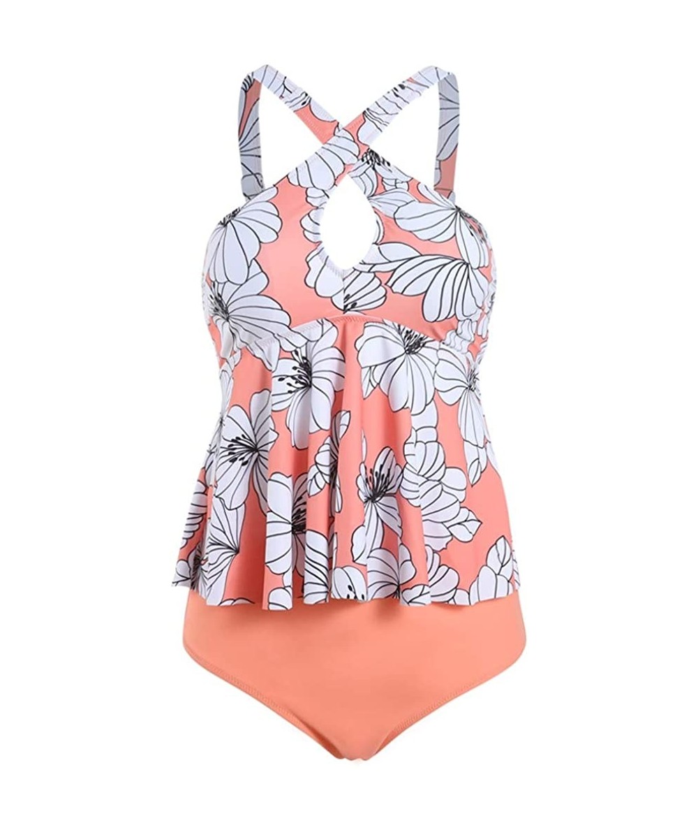 Racing Women's Two Pieces Front Cross Tankini Plus Size Floral Printed Swimsuit - Pinkflower - CQ194HR5A2G $23.49