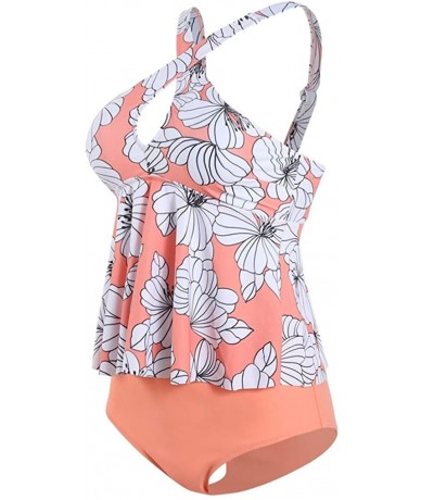 Racing Women's Two Pieces Front Cross Tankini Plus Size Floral Printed Swimsuit - Pinkflower - CQ194HR5A2G $23.49