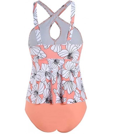 Racing Women's Two Pieces Front Cross Tankini Plus Size Floral Printed Swimsuit - Pinkflower - CQ194HR5A2G $23.49