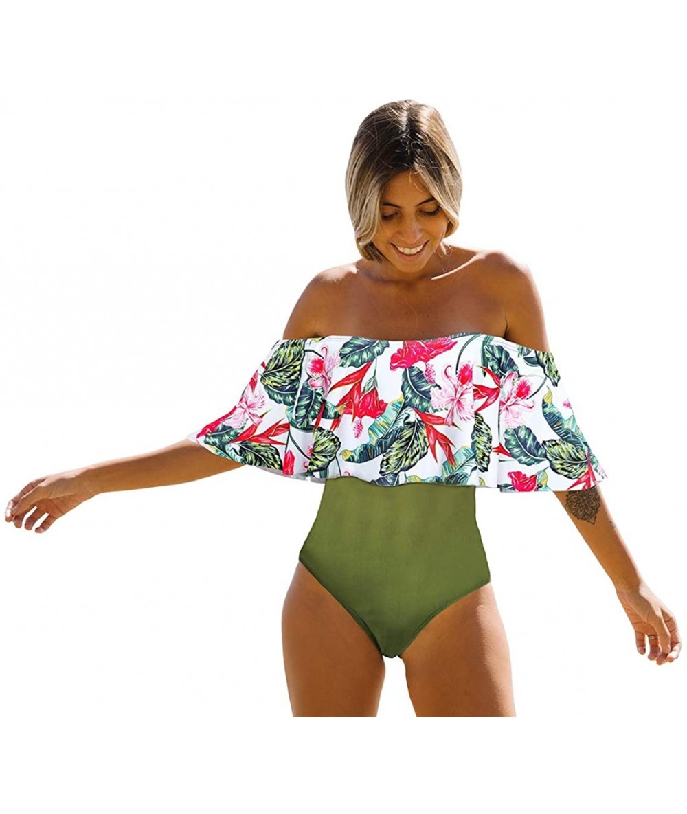 One-Pieces One Piece Off Shoulder Flounce Swimsuit Women Tummy Control Ruffle Bathing Suit - Print5 - CM19CY4Y2SI $48.20