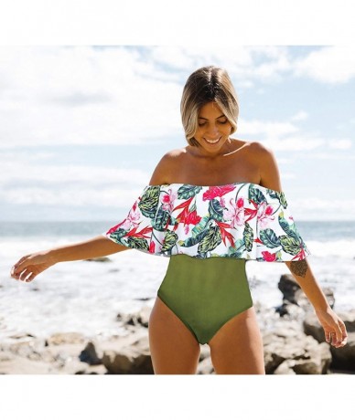 One-Pieces One Piece Off Shoulder Flounce Swimsuit Women Tummy Control Ruffle Bathing Suit - Print5 - CM19CY4Y2SI $48.20