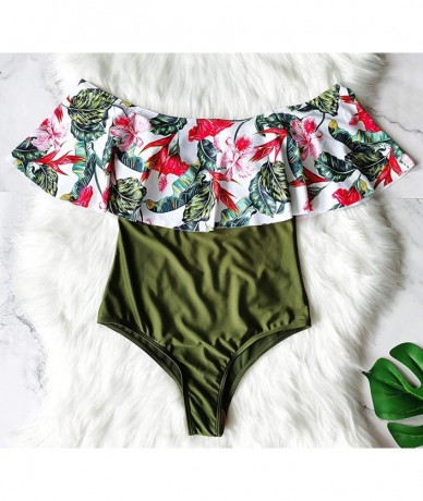 One-Pieces One Piece Off Shoulder Flounce Swimsuit Women Tummy Control Ruffle Bathing Suit - Print5 - CM19CY4Y2SI $48.20