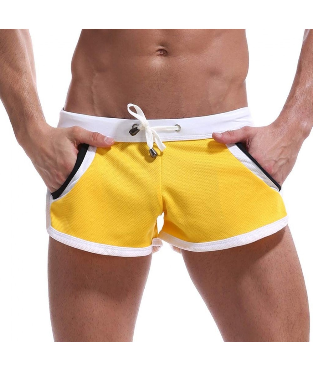 Racing Mens Solid Color Splice Swim Trunks Quick Dry Elastic Waist Drawstring Beach Shorts Sports Shorts Yellow - C418QH0NZHK...