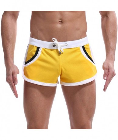 Racing Mens Solid Color Splice Swim Trunks Quick Dry Elastic Waist Drawstring Beach Shorts Sports Shorts Yellow - C418QH0NZHK...