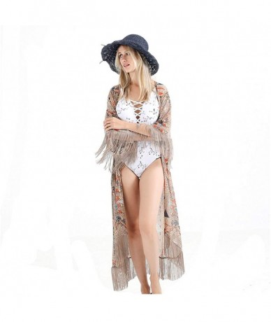 Cover-Ups Women's Swimsuit Beach Bikini Cover Up Long Open Chiffon Kimono Cardigan - Khaki - CD18QOS5M82 $34.29