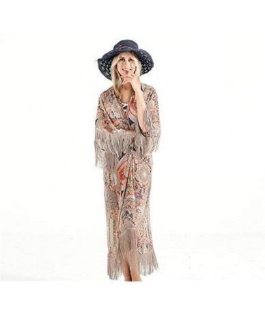 Cover-Ups Women's Swimsuit Beach Bikini Cover Up Long Open Chiffon Kimono Cardigan - Khaki - CD18QOS5M82 $34.29