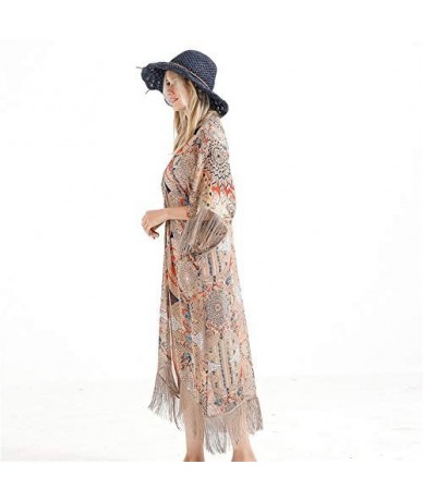 Cover-Ups Women's Swimsuit Beach Bikini Cover Up Long Open Chiffon Kimono Cardigan - Khaki - CD18QOS5M82 $34.29