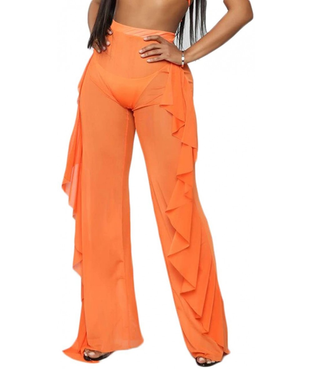 Tankinis Women Sexy Perspective Mesh Sheer Swim Shorts Pants Bikini Bottom Cover up Ruffle Clubwear Pants - Orange - C118RKZ2...