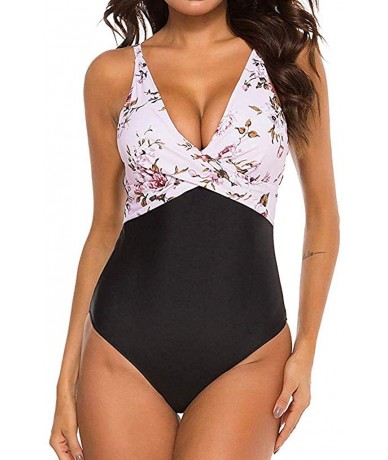 Cover-Ups Swimsuits for Women One Piece Tummy Control-Twist Front Swimsuit High Neck Plunge Leaf Ruched Monokini Swimwear - Y...