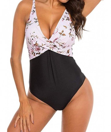 Cover-Ups Swimsuits for Women One Piece Tummy Control-Twist Front Swimsuit High Neck Plunge Leaf Ruched Monokini Swimwear - Y...