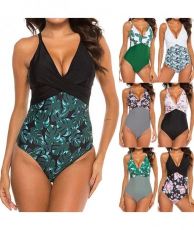 Cover-Ups Swimsuits for Women One Piece Tummy Control-Twist Front Swimsuit High Neck Plunge Leaf Ruched Monokini Swimwear - Y...