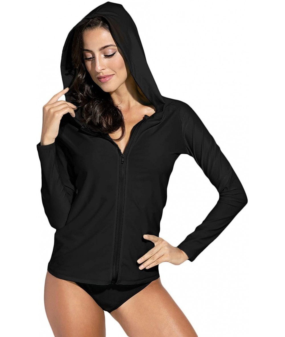 Rash Guards Women's UV Sun Protection Zip Long Sleeve Rash Guard Swimsuit Top - Zipper | Black - CI18RE50ANN $44.62