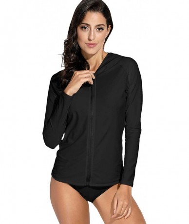 Rash Guards Women's UV Sun Protection Zip Long Sleeve Rash Guard Swimsuit Top - Zipper | Black - CI18RE50ANN $44.62