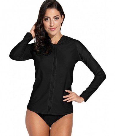 Rash Guards Women's UV Sun Protection Zip Long Sleeve Rash Guard Swimsuit Top - Zipper | Black - CI18RE50ANN $44.62