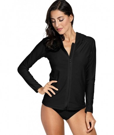 Rash Guards Women's UV Sun Protection Zip Long Sleeve Rash Guard Swimsuit Top - Zipper | Black - CI18RE50ANN $44.62