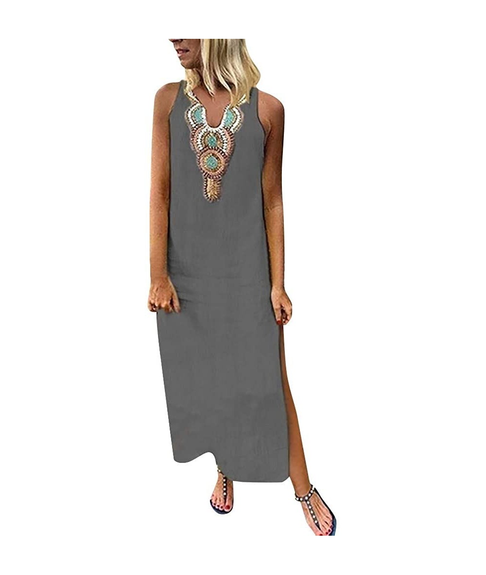 Cover-Ups Women Dresses Casual Loose Boho Side Slit Bohemian Tank Dress V Neck Sleeveless Summer Beach Long Maxi Dress Z 3 Gr...