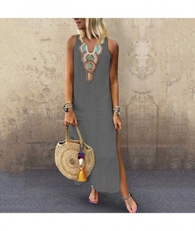 Cover-Ups Women Dresses Casual Loose Boho Side Slit Bohemian Tank Dress V Neck Sleeveless Summer Beach Long Maxi Dress Z 3 Gr...