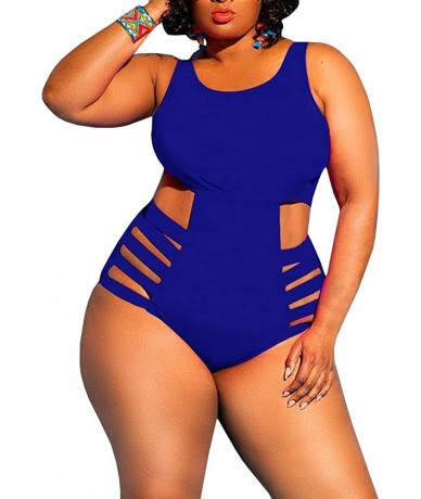 One-Pieces Womens Plus Size Swimwear High Waist One Piece Swimsuits Sexy Control Cutout Bathing Suit Monokini - Blue - C718QQ...