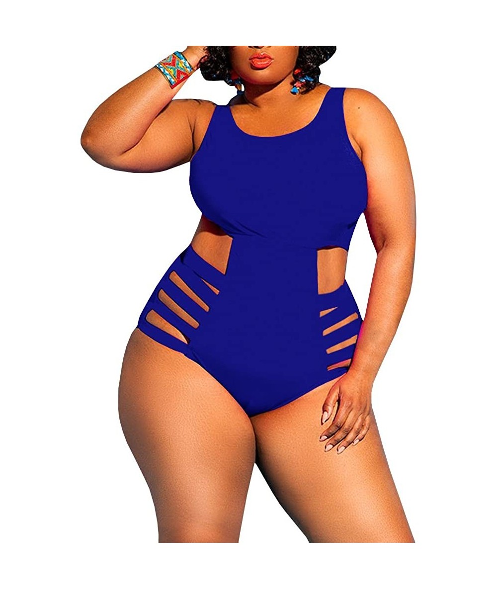 One-Pieces Womens Plus Size Swimwear High Waist One Piece Swimsuits Sexy Control Cutout Bathing Suit Monokini - Blue - C718QQ...