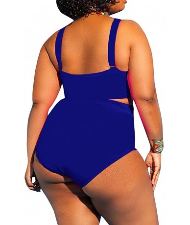 One-Pieces Womens Plus Size Swimwear High Waist One Piece Swimsuits Sexy Control Cutout Bathing Suit Monokini - Blue - C718QQ...