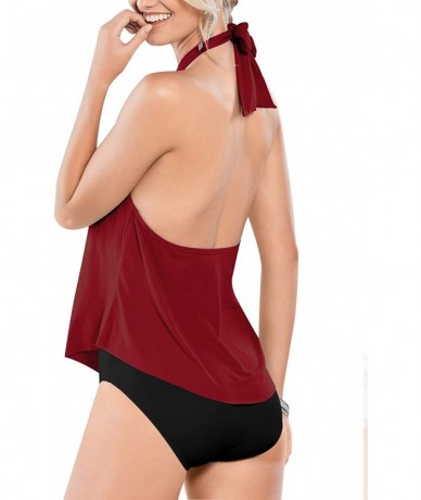 One-Pieces Women's Sexy High Neck One Piece Swimsuits Halter Flounce Backless Bathing Suits Plus Size Swimwear Monokini Wine ...