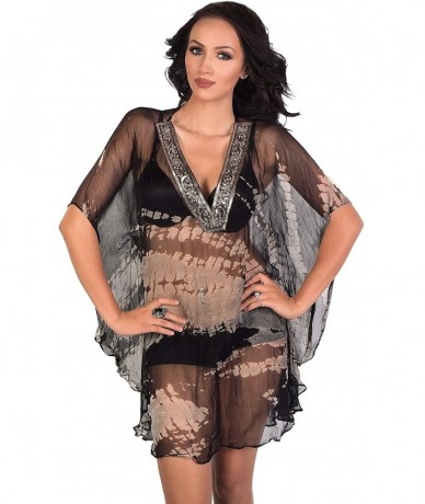 Cover-Ups Rayon Crepe Cover Up - Black/Silver Beaded - C5193EN2HSC $37.07