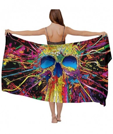 Cover-Ups Women Chiffon Sarong Beach Bikini Cover Up Wedding Party Shawls Wraps - Trippy Artwork Sugar Skull Abstract Art - C...