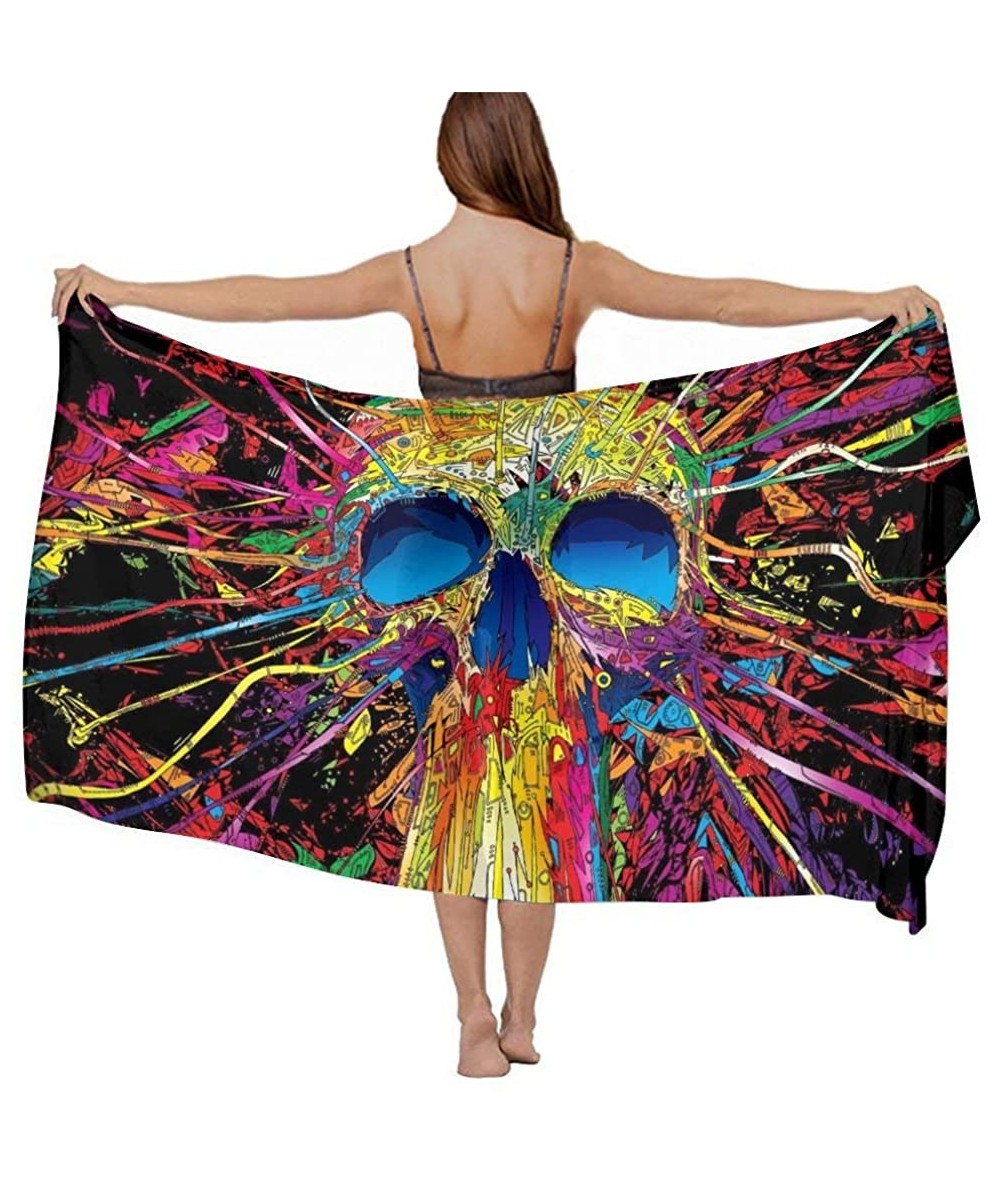 Cover-Ups Women Chiffon Sarong Beach Bikini Cover Up Wedding Party Shawls Wraps - Trippy Artwork Sugar Skull Abstract Art - C...