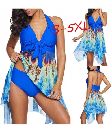 Tankinis Women Swimsuit Two Piece Tankini Mesh Swimdress Floral Printed with Briefs Bathing Suits - Blue - CF194XSZ69O $38.35