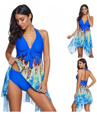 Tankinis Women Swimsuit Two Piece Tankini Mesh Swimdress Floral Printed with Briefs Bathing Suits - Blue - CF194XSZ69O $38.35