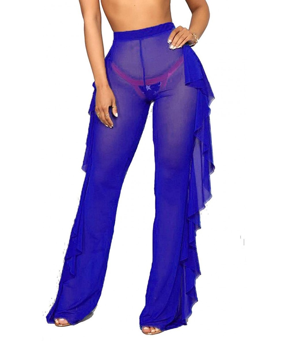 Cover-Ups Women's Perspective Ruffle Sheer Mesh Ruffle Pants Swimsuit Bikini Bottom Cover up Pants - 01ruffle-royal Blue - CJ...