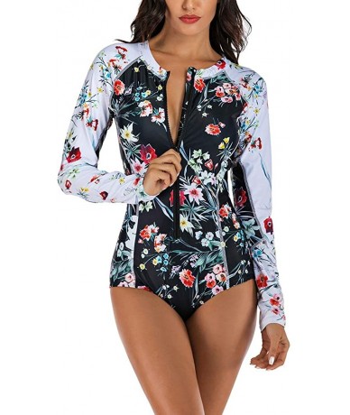 Rash Guards Womens Zip Up Long Sleeve Printed Rash Guard One Piece Swimsuit Swimwear Bathing Suit Multicolor Flowers Printed ...