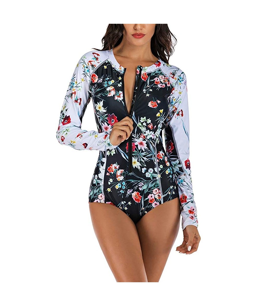 Rash Guards Womens Zip Up Long Sleeve Printed Rash Guard One Piece Swimsuit Swimwear Bathing Suit Multicolor Flowers Printed ...