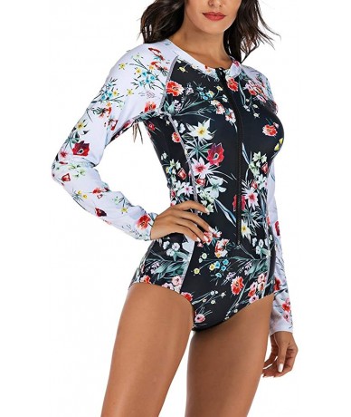 Rash Guards Womens Zip Up Long Sleeve Printed Rash Guard One Piece Swimsuit Swimwear Bathing Suit Multicolor Flowers Printed ...