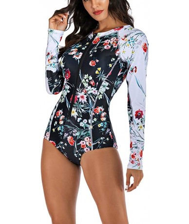 Rash Guards Womens Zip Up Long Sleeve Printed Rash Guard One Piece Swimsuit Swimwear Bathing Suit Multicolor Flowers Printed ...