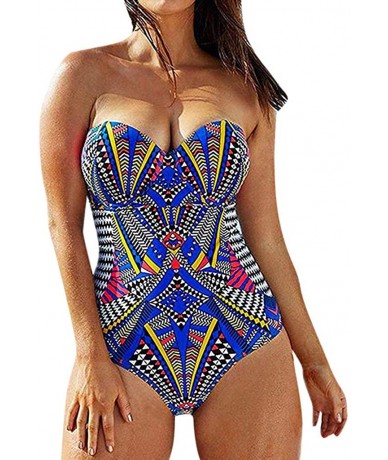 One-Pieces Womens Tribal Printed Plus Size One Piece Swimsuits Bandeau Slimming Control Athletic Bathing Suit - Blue - CU18RG...