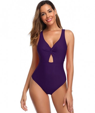 One-Pieces Womens Twist Front One Piece Swimsuit Deep V Neck Monokini Bathing Suits - Purple - CH18AN5E9WR $41.80