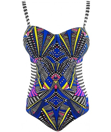 One-Pieces Womens Tribal Printed Plus Size One Piece Swimsuits Bandeau Slimming Control Athletic Bathing Suit - Blue - CU18RG...