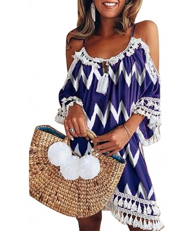 Cover-Ups Womens Off Shoulder Dresses Fashion Tassel Short Skirts Casual Cocktail Beach Cover Ups Boho Sundress - Purple - CY...