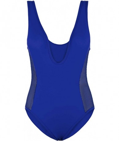 One-Pieces Women's Mesh Spice V-Neck High Cut Padded One-Piece Swimsuit Monokini - Blue - C017YQEXC0A $26.65