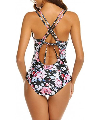 One-Pieces Women's Vintage One Piece Deep V Neck Bandage Swimsuit Push Up Bra Tummy Control Bathing Suit Monokini Swimwear 2 ...